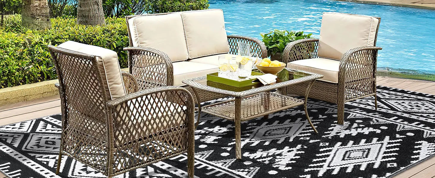Kitinjoy Waterproof Outdoor Rug – Reversible Plastic Straw Boho Patio & RV Mat