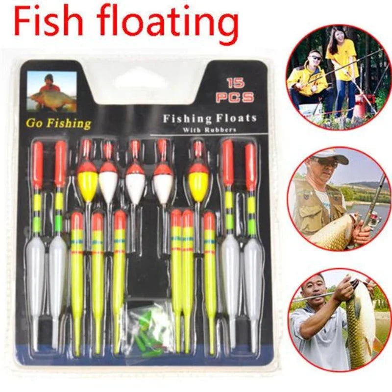 15-Piece Fishing Float Set – Mixed Size & Color Vertical Buoys with Rubber