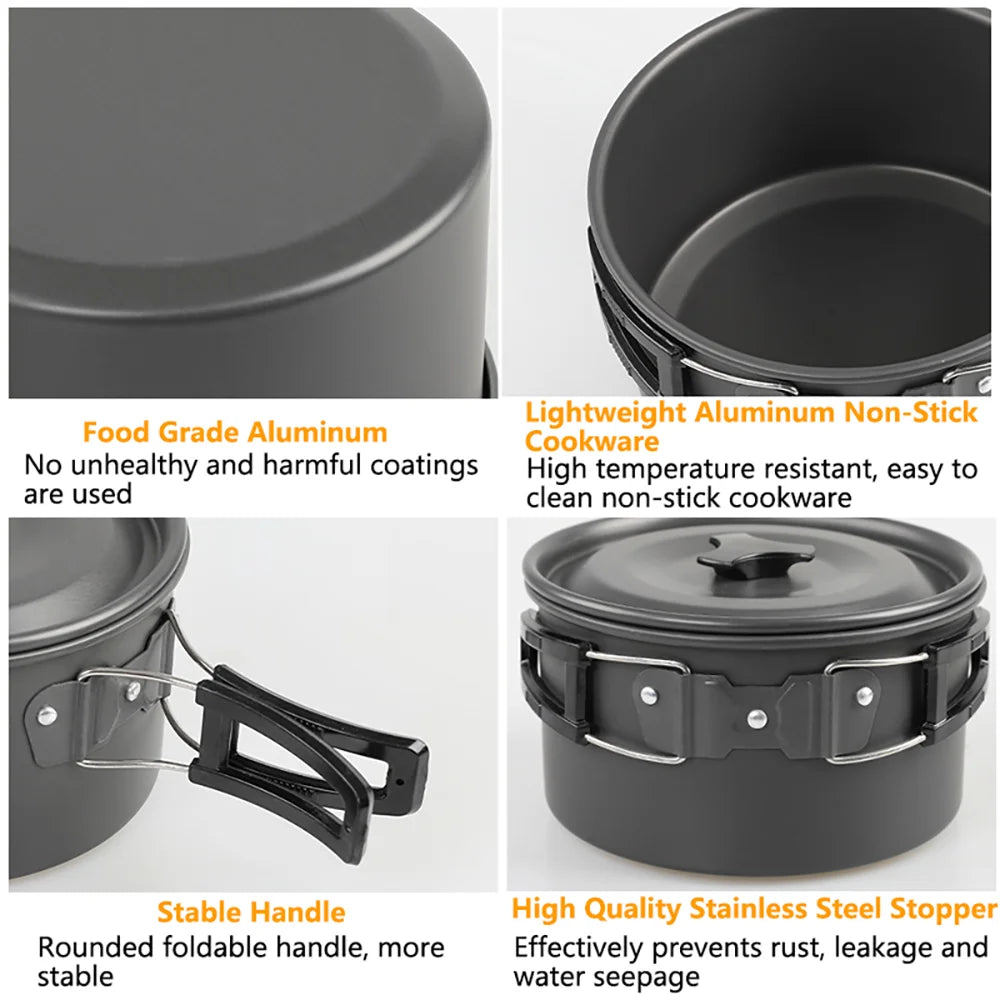 Camping Cookware Set – Non-Stick Pots, Teapot & Tableware for 2-3 People