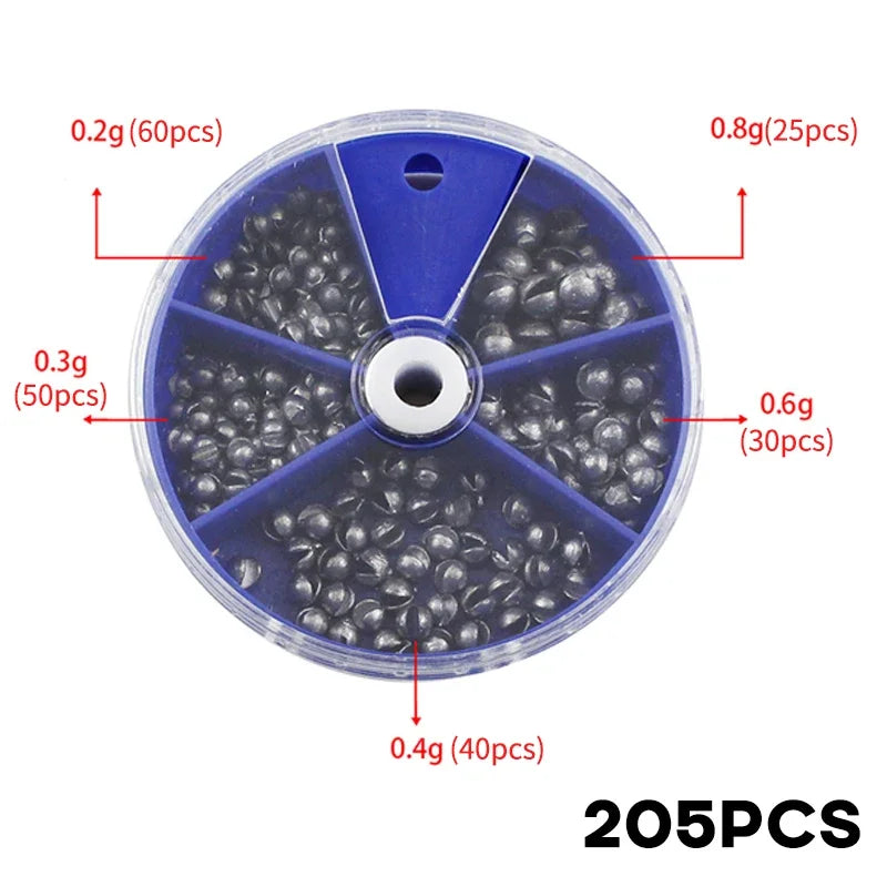 205-Piece Lead Fishing Sinkers Set – Open Pendant Weights with Storage Box