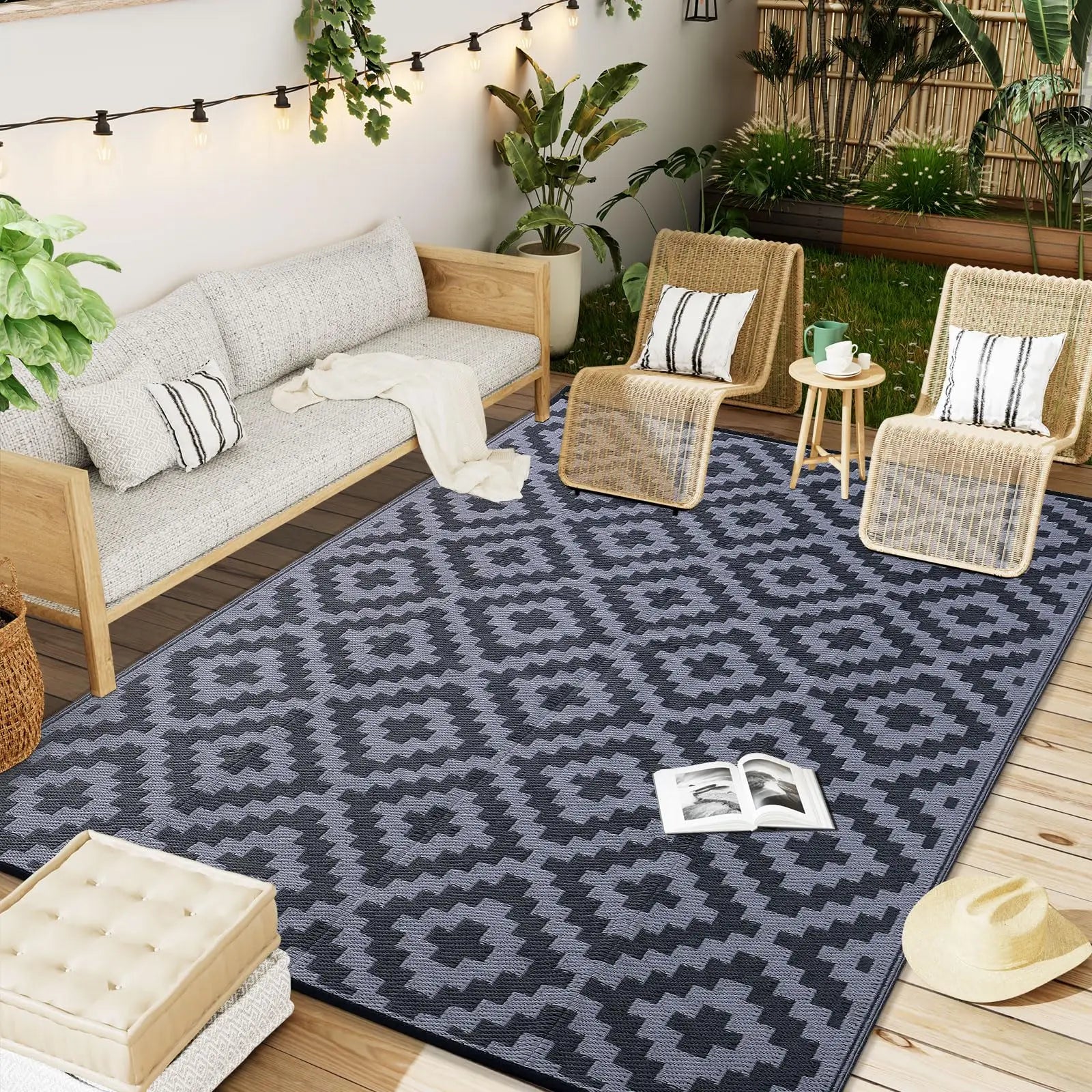 HAPIHAPPY Waterproof Outdoor Rug – Reversible Plastic Straw Patio & Deck Carpet