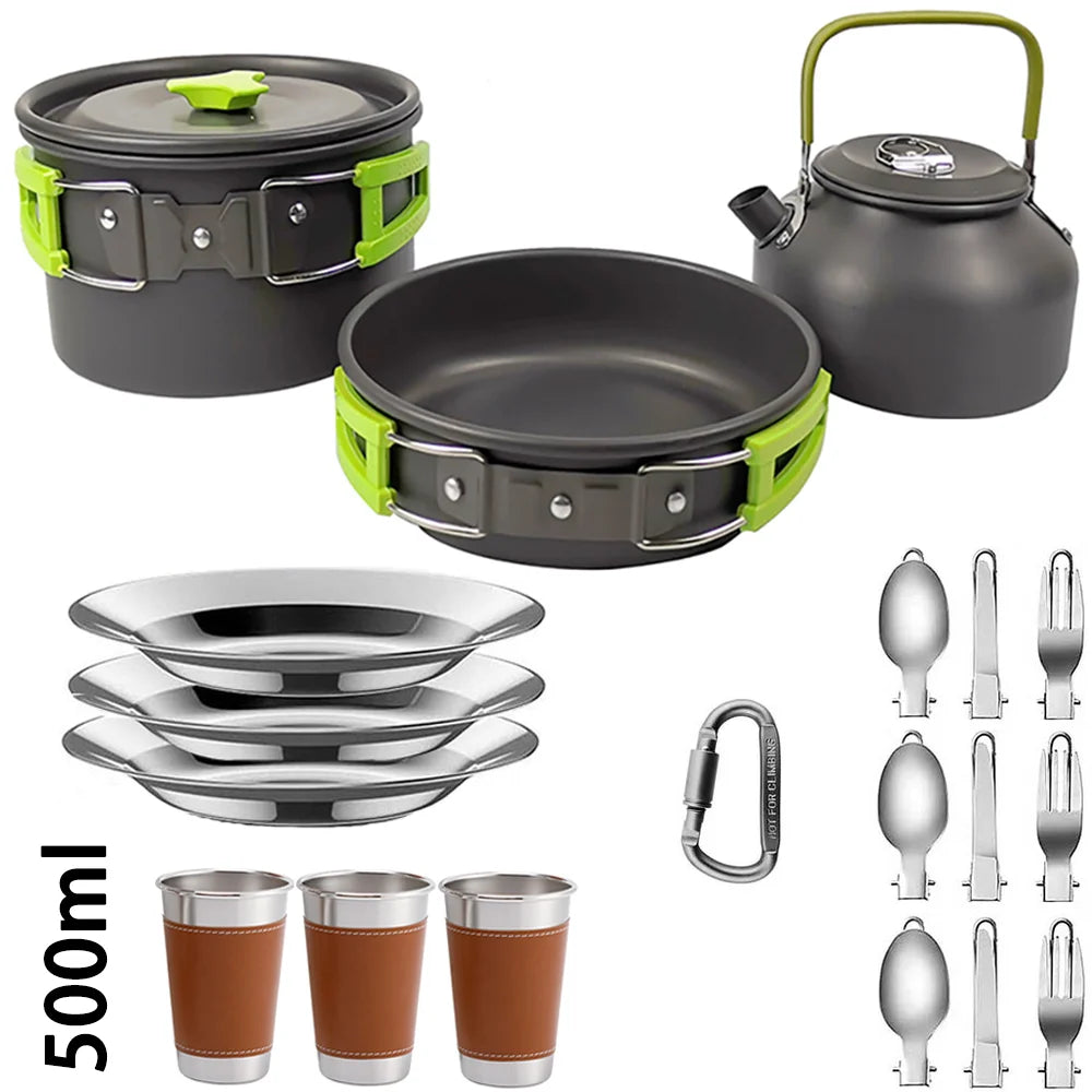 Camping Cookware Set – Non-Stick Pots, Teapot & Tableware for 2-3 People