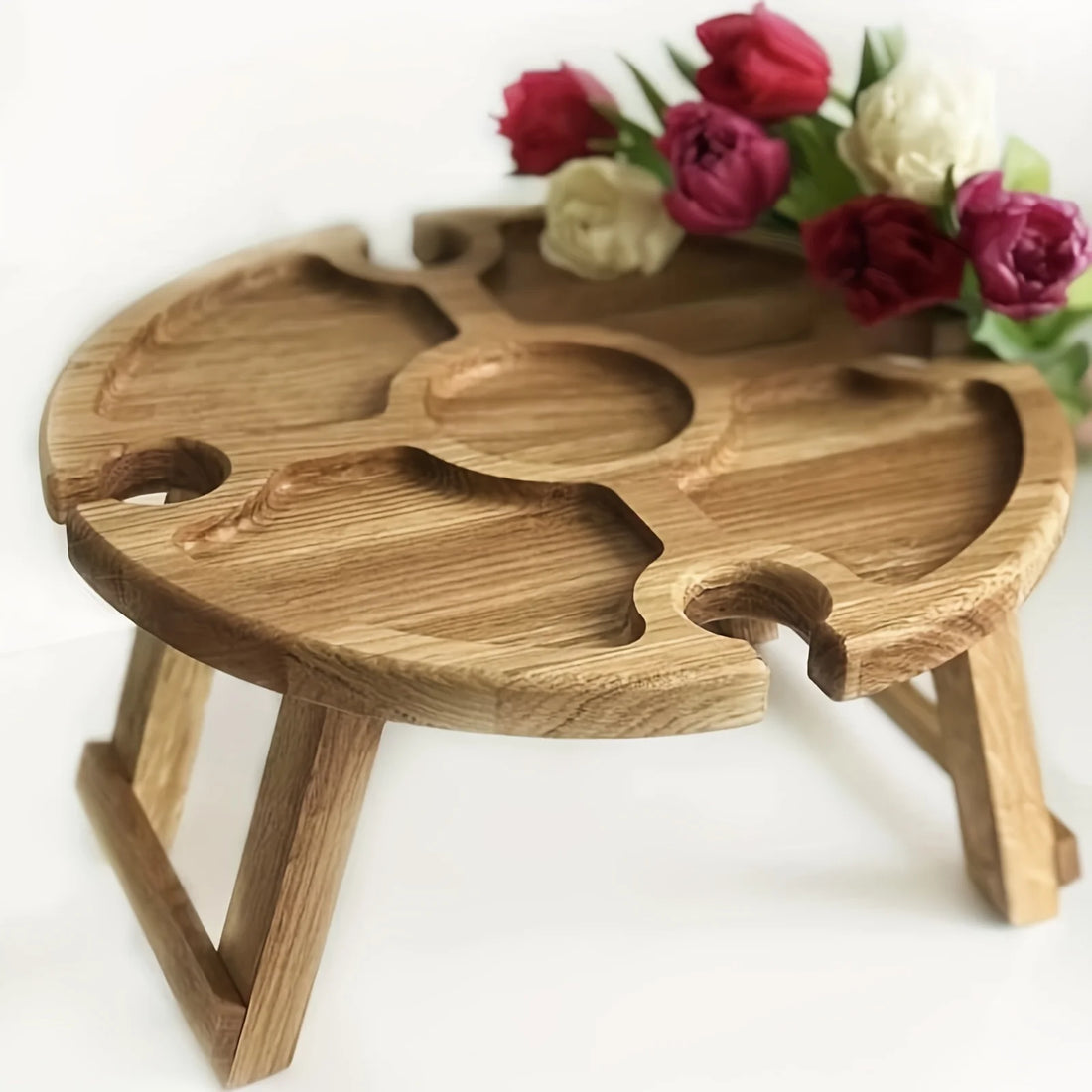 2-in-1 Wooden Folding Picnic Table – Portable Round Table with Glass Cup Holder