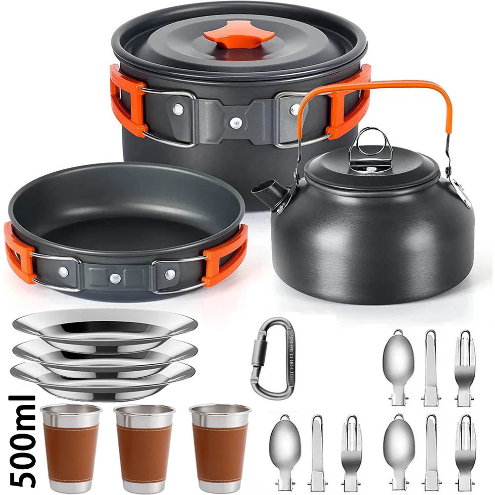 Camping Cookware Set – Non-Stick Pots, Teapot & Tableware for 2-3 People