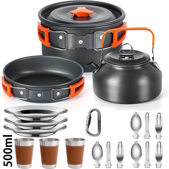Camping Cookware Set – Non-Stick Pots, Teapot & Tableware for 2-3 People