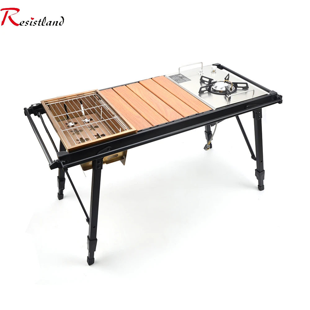 IGT Camping Folding Wood Table – Portable Gas Stove & BBQ Grill Table