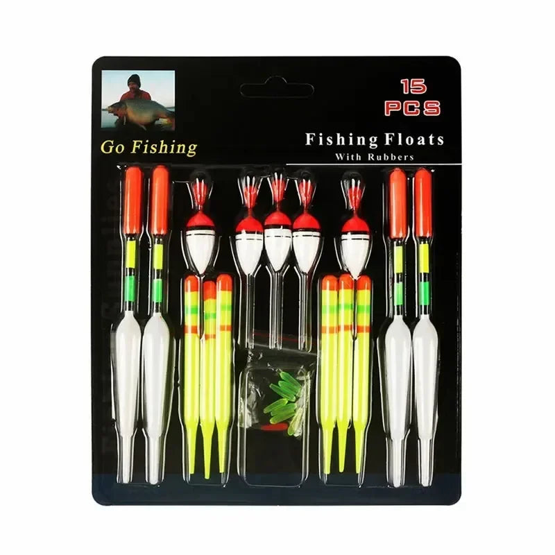 15-Piece Fishing Float Set – Mixed Size & Color Vertical Buoys with Rubber