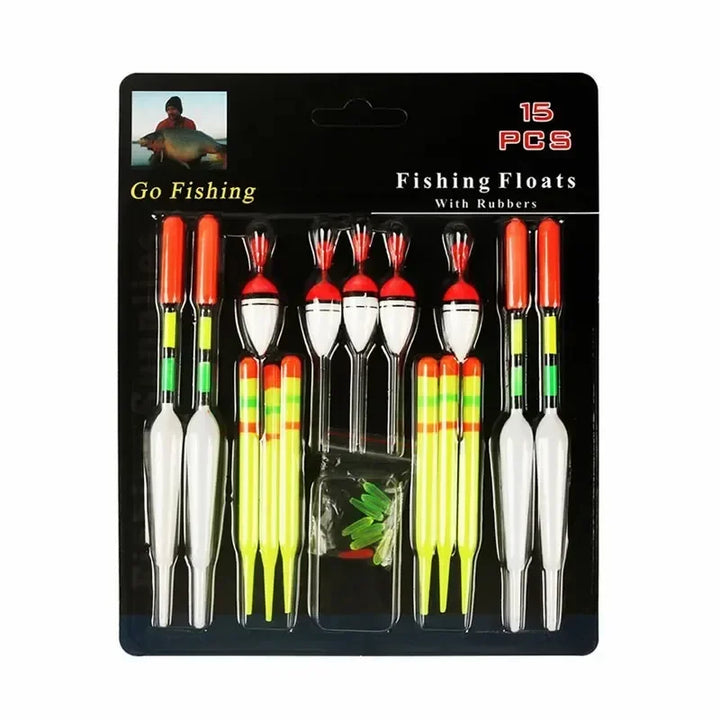 15-Piece Fishing Float Set – Mixed Size & Color Vertical Buoys with Rubber