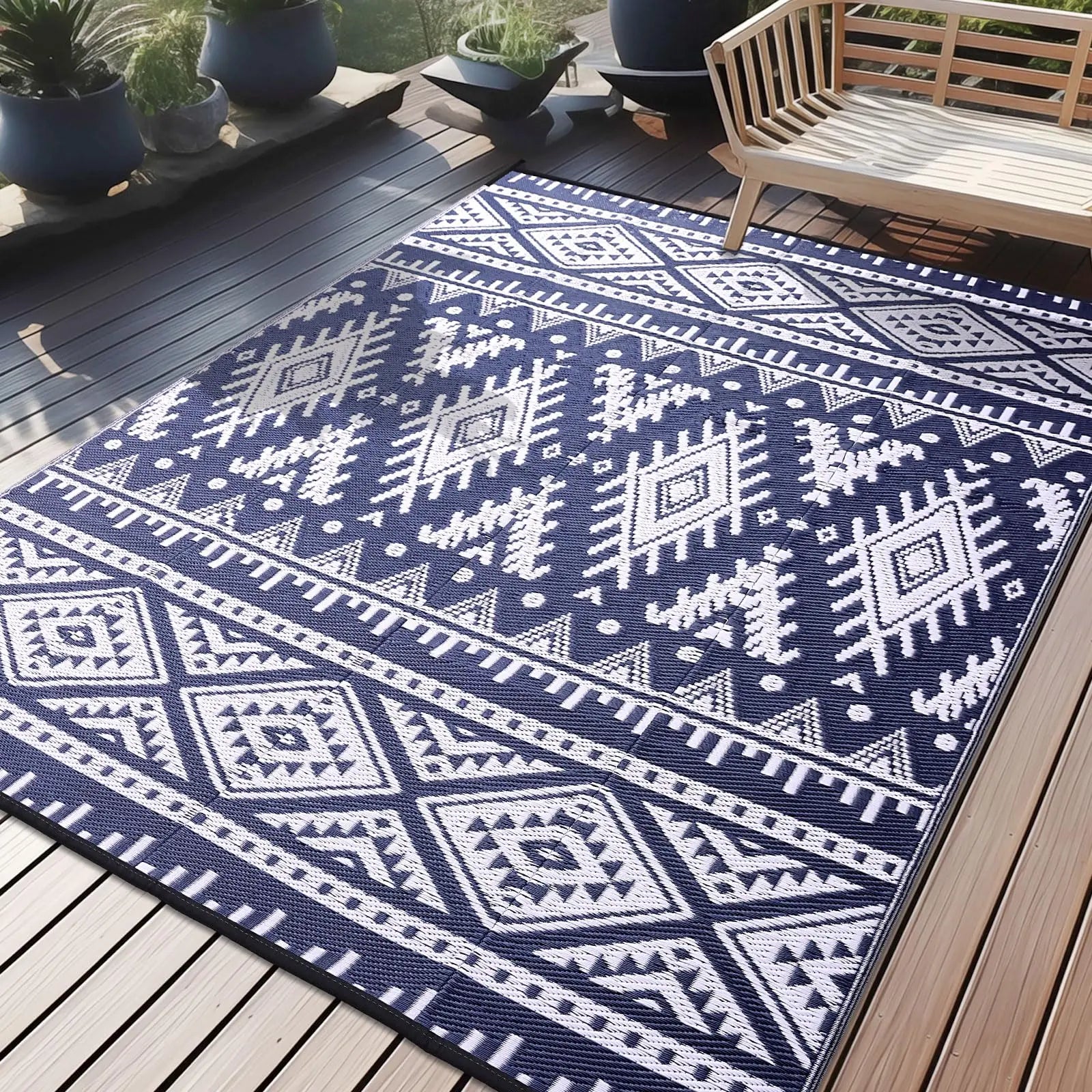 Kitinjoy Waterproof Outdoor Rug – Reversible Plastic Straw Boho Patio & RV Mat