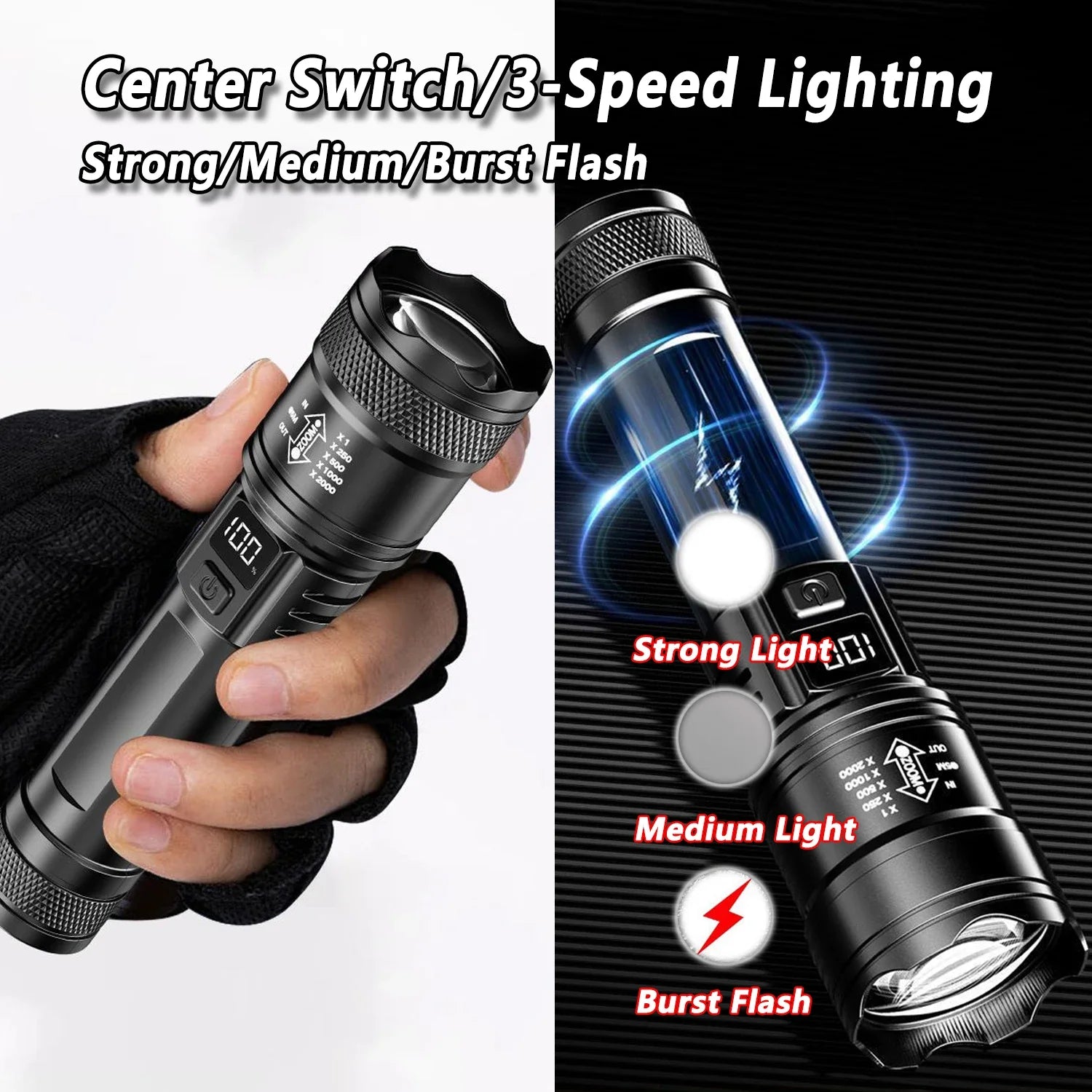 Rechargeable LED Flashlight – High-Power Zoomable Torch with LCD Display