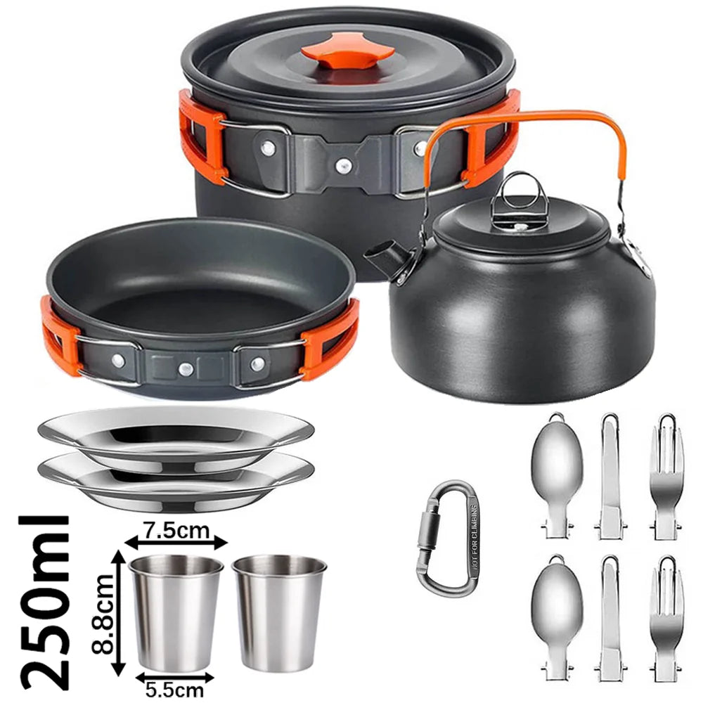 Camping Cookware Set – Non-Stick Pots, Teapot & Tableware for 2-3 People