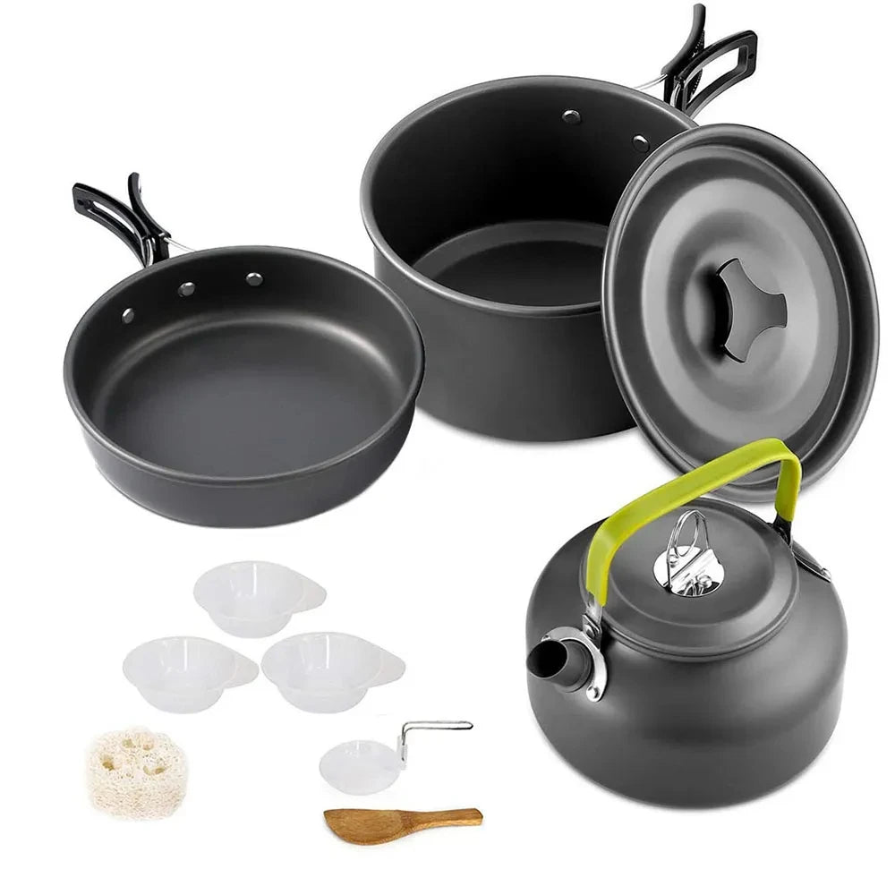 Camping Cookware Set – Non-Stick Pots, Teapot & Tableware for 2-3 People