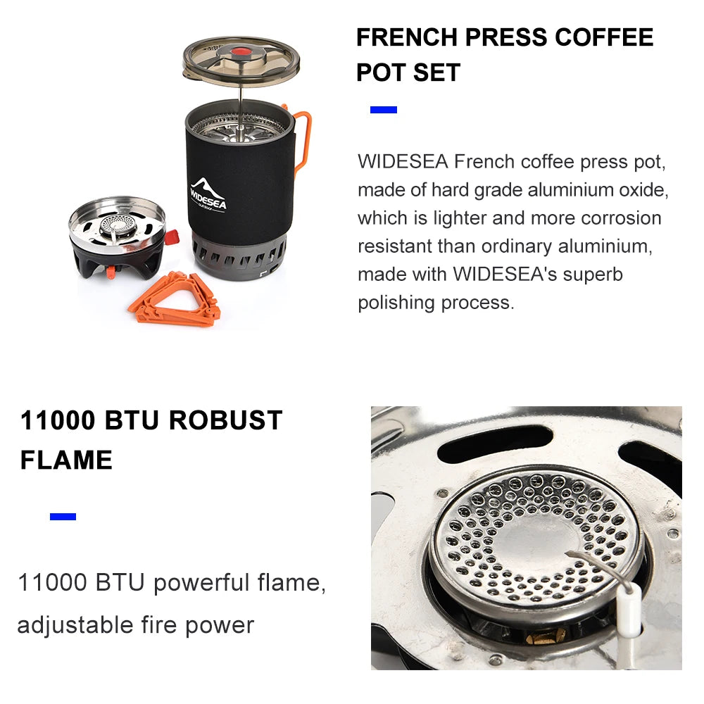 Widesea Camping Cooking System – Outdoor Gas Stove with Heat Exchanger, Coffee Pot & Cookware Set