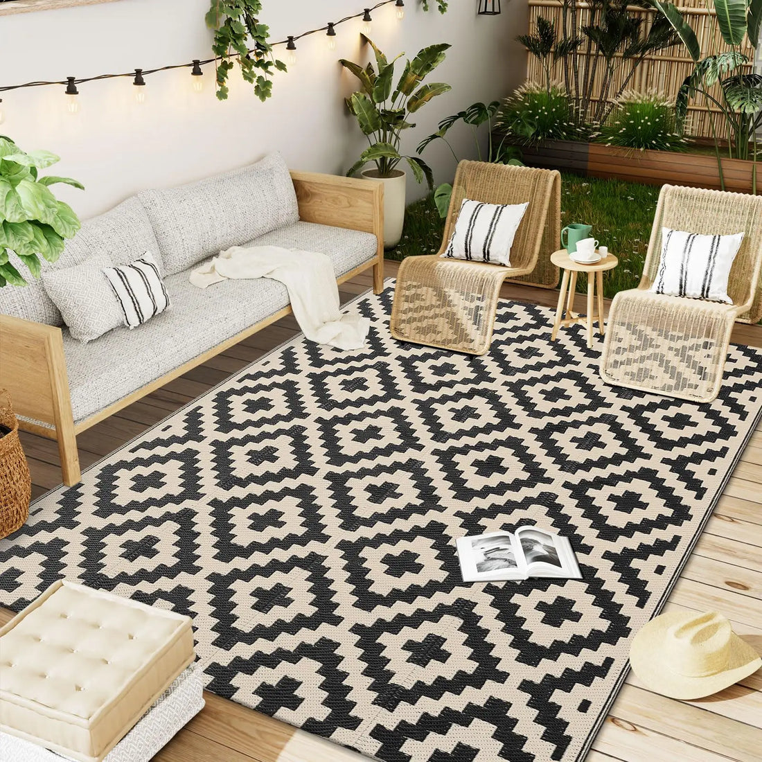 HAPIHAPPY Waterproof Outdoor Rug – Reversible Plastic Straw Patio & Deck Carpet